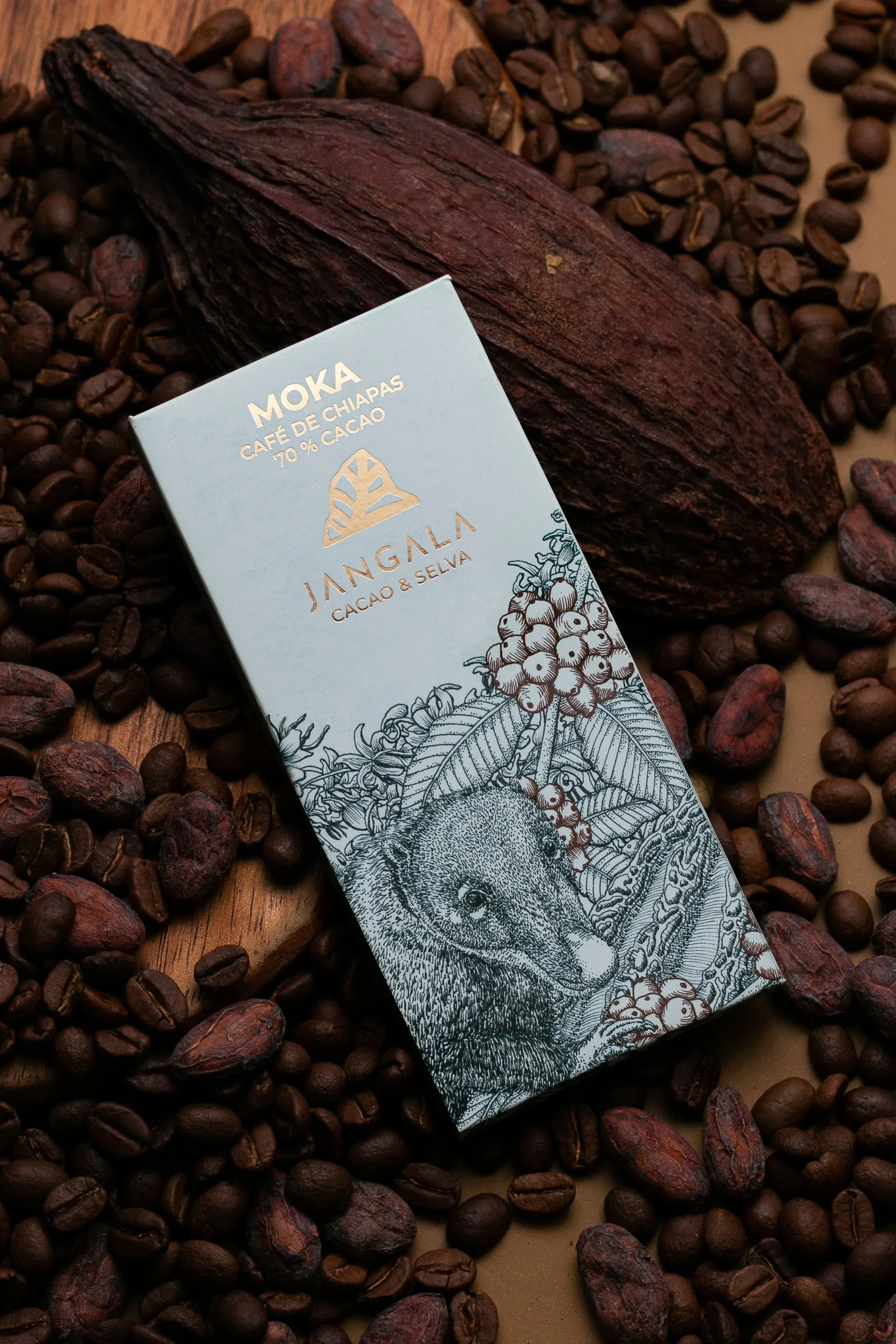 Chocolate bar in an illustrated wrap on cocoa beans