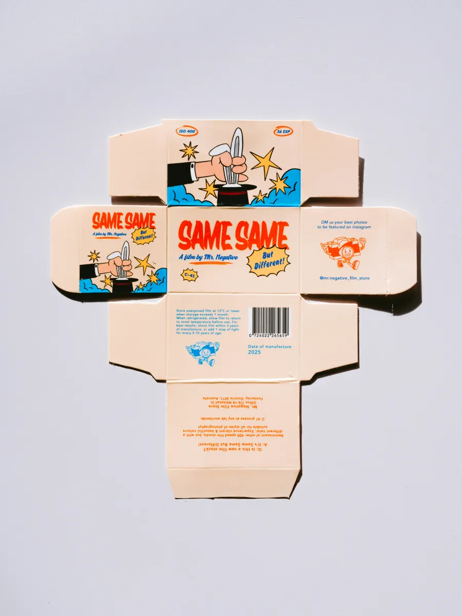 Flat illustrated carton laid out on its dieline, with bold hand-drawn artwork in orange and blue