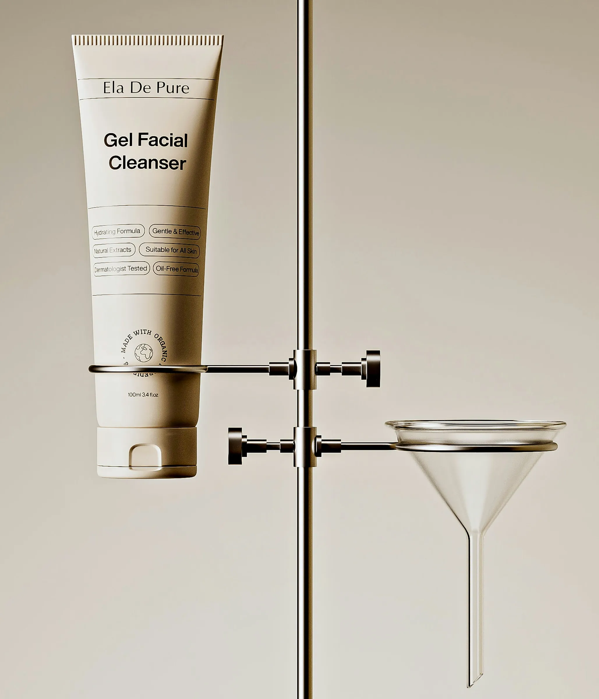 Cream squeeze tube for a facial cleanser held in a lab stand
