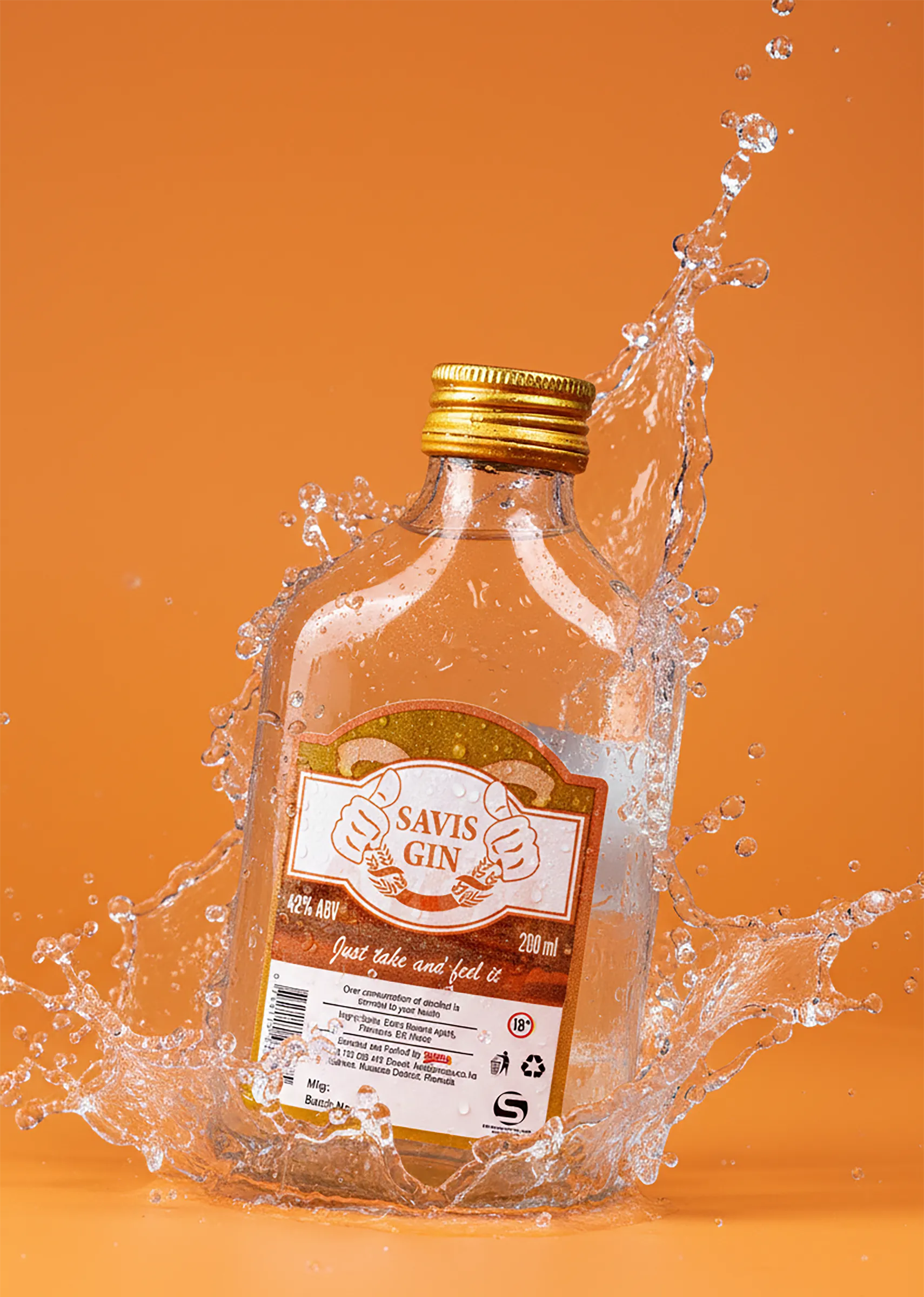 Gin bottle with a printed label in a water splash