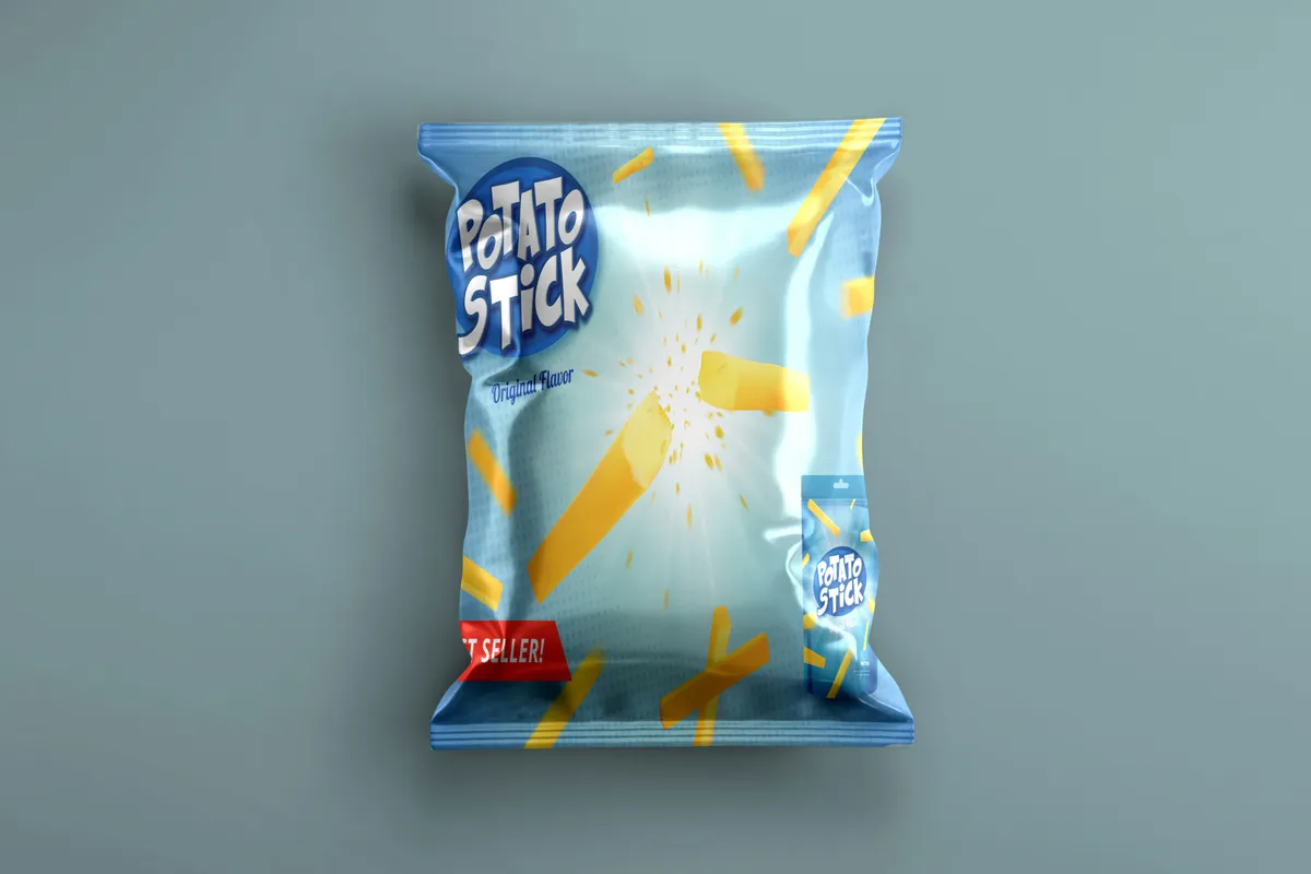 Printed foil snack bag for potato sticks on a grey-green background