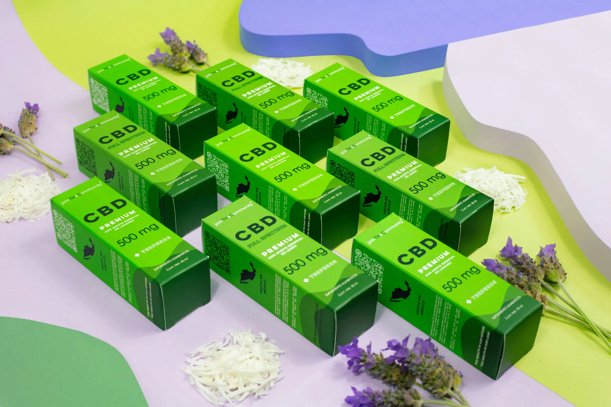 Grid of green printed cartons on a lilac and green set