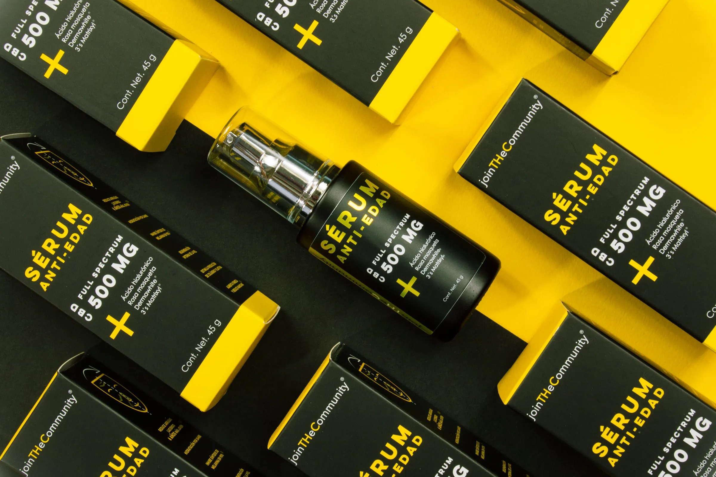 Black and yellow serum cartons around a matching bottle