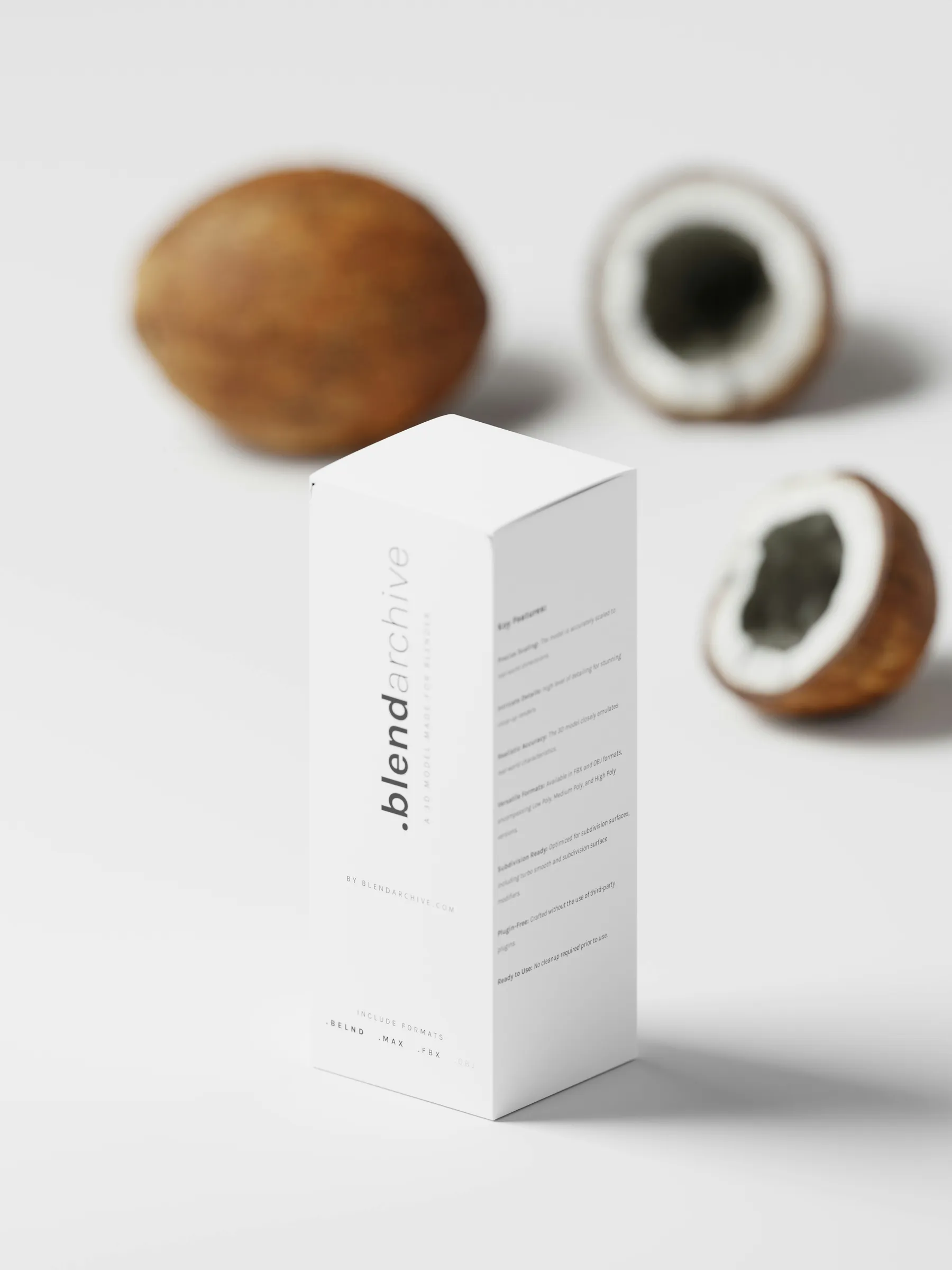 Minimal white tuck end carton with fine grey print beside coconuts